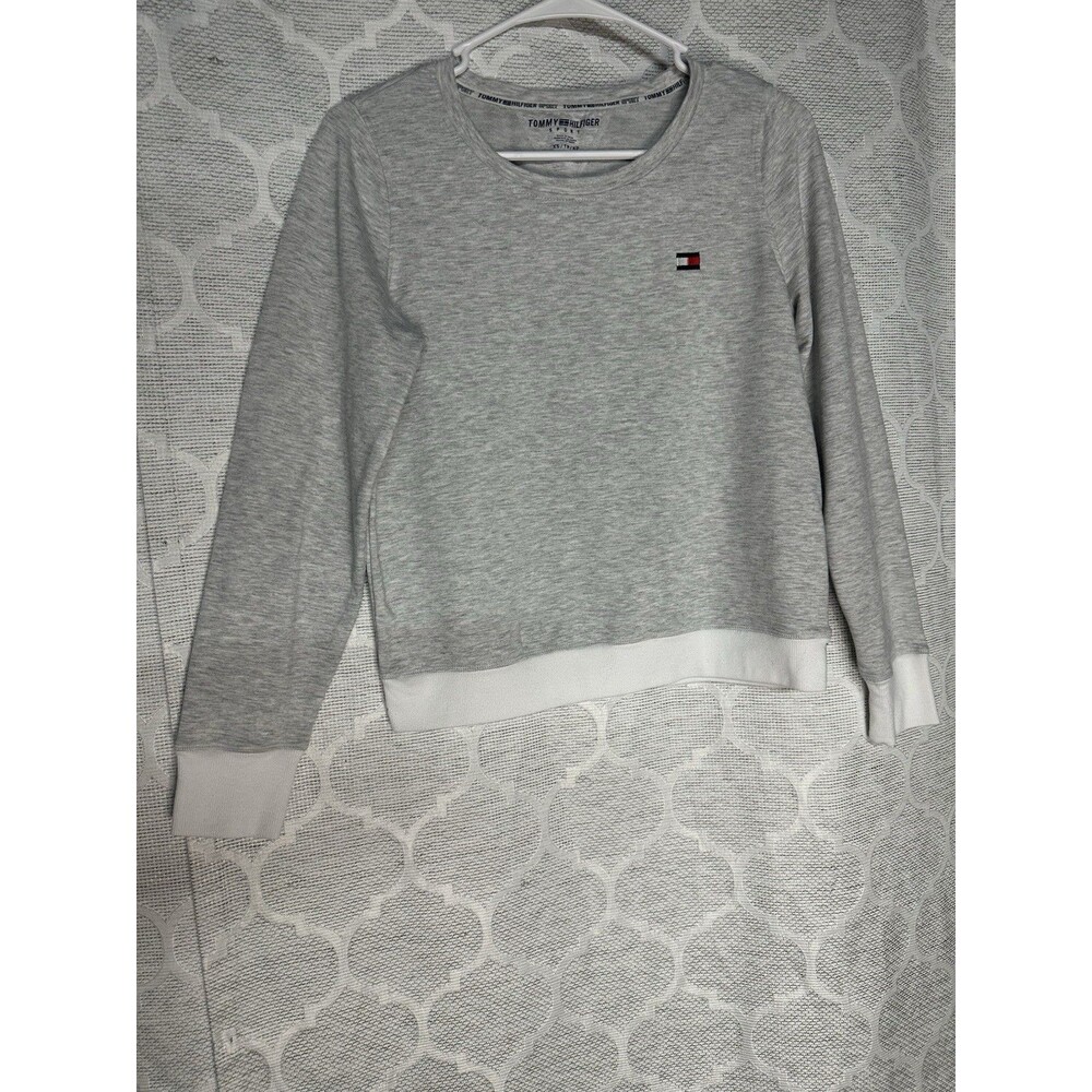 Tommy Hilfiger Sport Womens Crewneck Sweatshirt Gray White Trim Flag Logo Size X